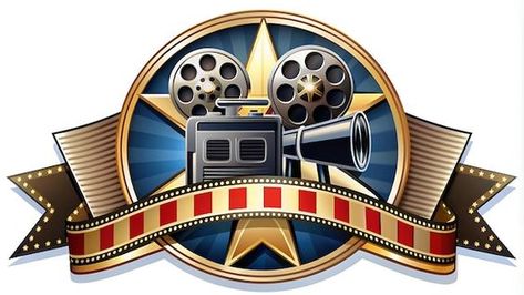 Decorative cinema emblem featuring a vintage movie camera, two film reels, and a gold star against a blue sunburst background with a film strip banner.